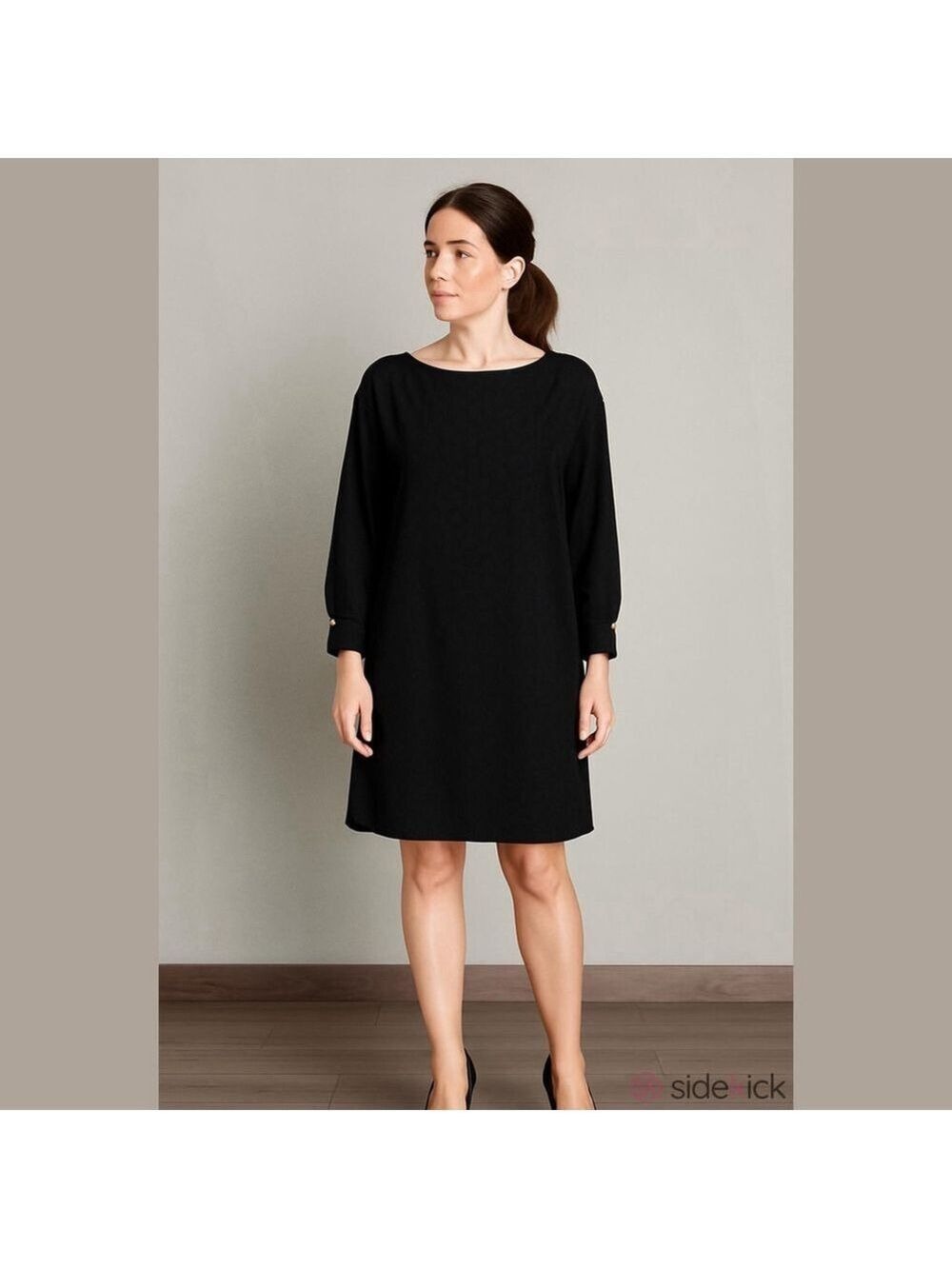 Zara Basic Black Jacquard Dot Shift Dress with Gold Button Cuffs Size M